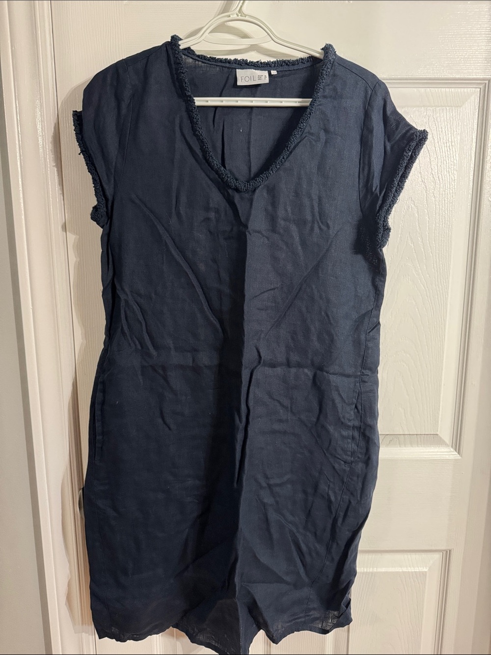 Foil Navy V-Neck Linen-Blend Tunic with Frayed Trim
